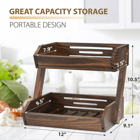 NAGAWOOD Large Capacity 2-Tier Wooden Fruit Basket, Durable Acacia Wood, 10.5" Tall, Spacious for Produce, Vegetables, Bread Storage and Home Kitchen Countertop NAGAWOOD