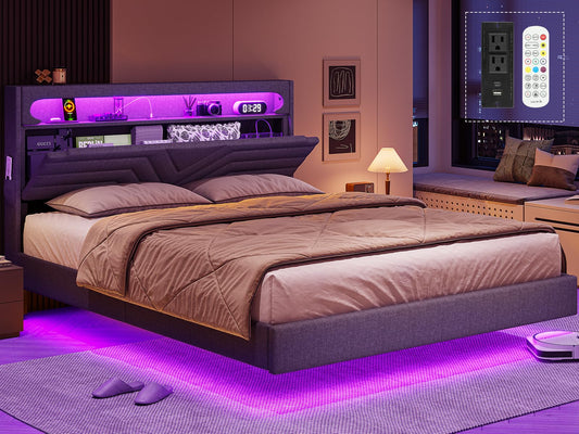 BTHFST Dark Gray Floating Bed Frame with RGB LED Headboard and Integrated Charging Ports - WoodArtSupply