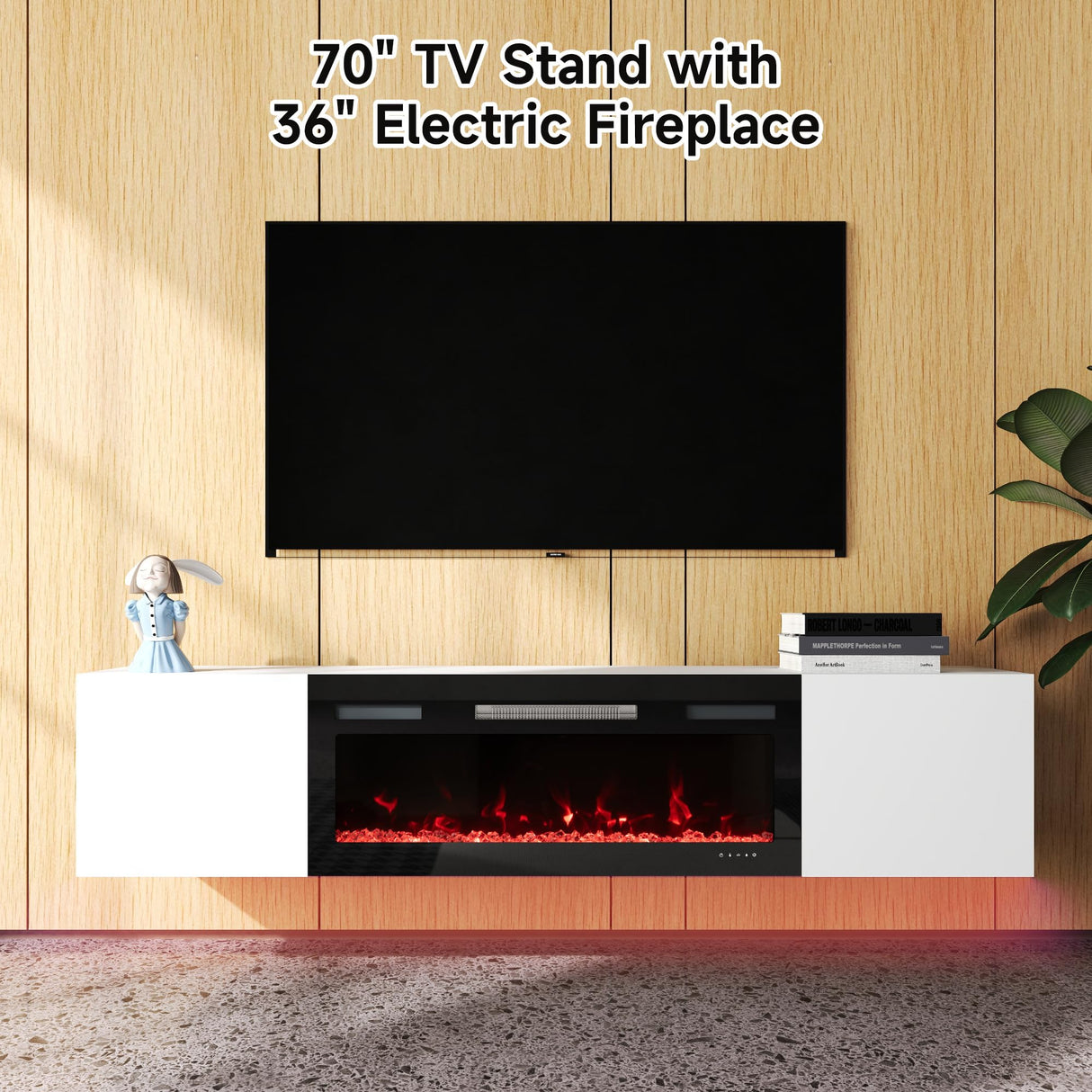 DOVELF 70" Floating TV Stand with 36" Electric Fireplace & LED Lights, Wall Mounted High Gloss Finish Entertainment Center with Storage Cabinets for TVs Up to 80" White DOVELF