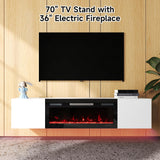 DOVELF 70" Floating TV Stand with 36" Electric Fireplace & LED Lights, Wall Mounted High Gloss Finish Entertainment Center with Storage Cabinets for TVs Up to 80" White DOVELF