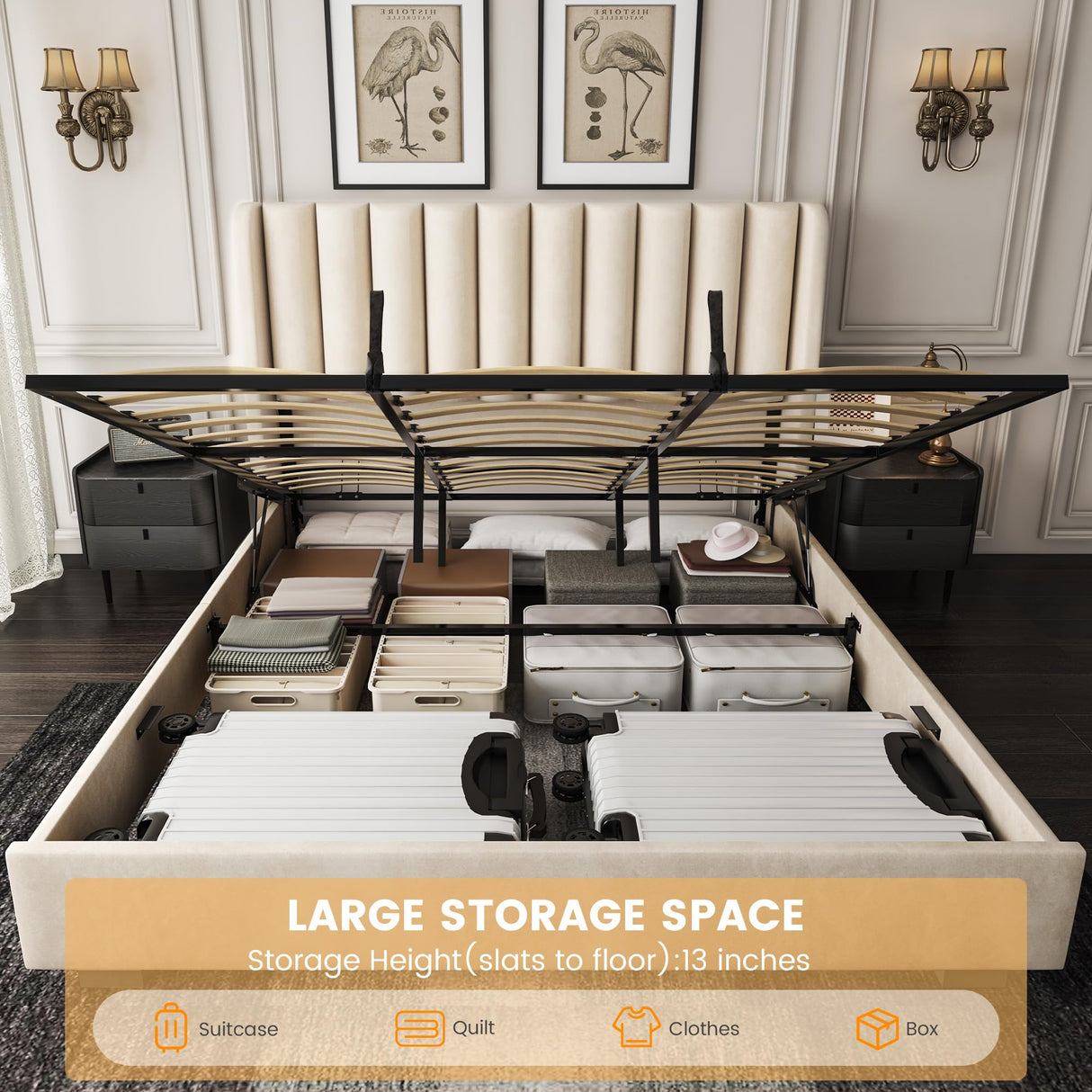 King Size Upholstered Lift Up Storage Bed Frame with 51.2" Tall Headboard, Velvet Wingback Tufted Design, Wood Slats Support, No Box Spring Required, Noise-Free Double Low Bed Frame (King,Beige) knoworld