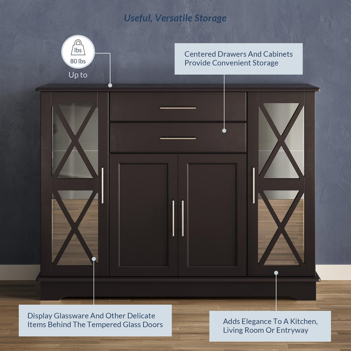 BELLEZE 017-HG-40007-ESP Sideboard Buffet, 47 Inch Storage Console Table Coffee Bar Kitchen Cupboard Pantry Glass Display Cabinet for Lving Entryway Dining Room,Espresso BELLEZE