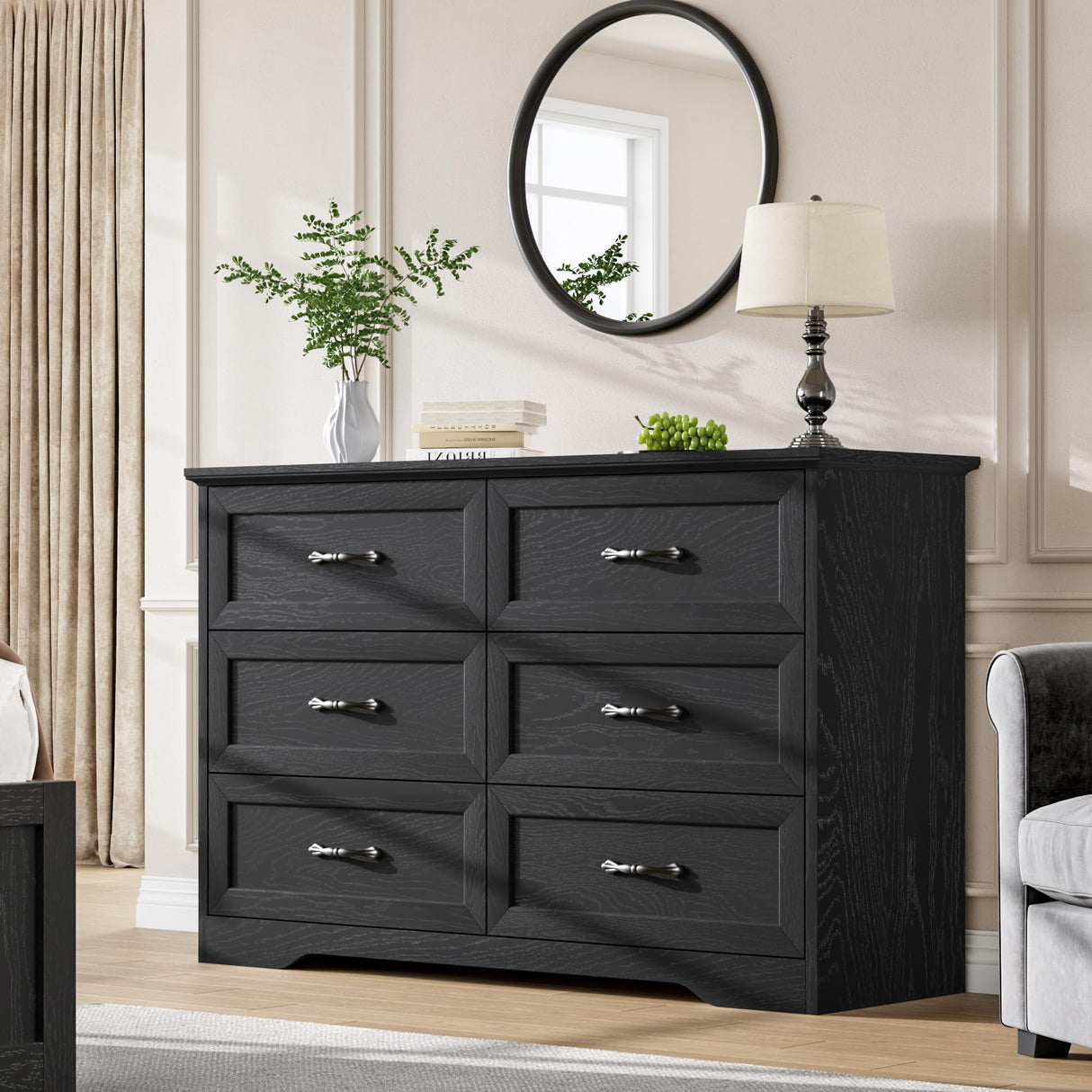 GarveeHome 6 Drawers Dresser for Bedroom, Chest of Drawers with Wide Metal Handle, Farmhouse Modern Wooden Dresser, Natural Texture, Storage Organizer for Bedroom, Living Room, Kids Room(Black) GarveeHome
