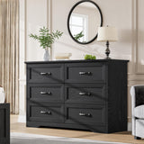 GarveeHome 6 Drawers Dresser for Bedroom, Chest of Drawers with Wide Metal Handle, Farmhouse Modern Wooden Dresser, Natural Texture, Storage Organizer for Bedroom, Living Room, Kids Room(Black) GarveeHome