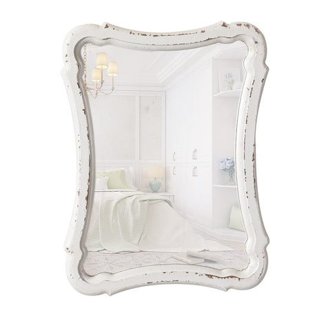 Sintosin Rustic Wood Framed Small Wall Mirror Decor 12 x 9 inches, Handmade Distressed White Vintage Decorative Mirror, Farmhouse Bathroom Mirrors for Vanity, Hanging Ornate Accent Sculpted Mirror Sintosin