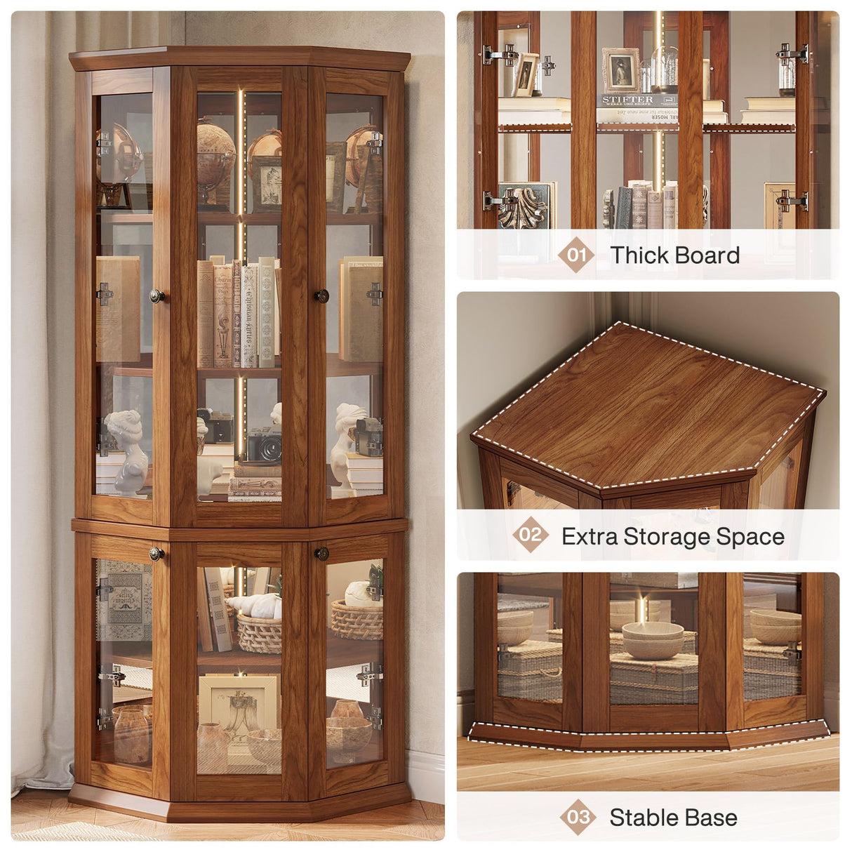 Tribesigns Corner Storage Cabinet, 71" Tall Corner Cabinet with Doors & LED Lights, 5-Tier Mid-Century Display Shelf for Living Room, Kitchen, Walnut Tribesigns