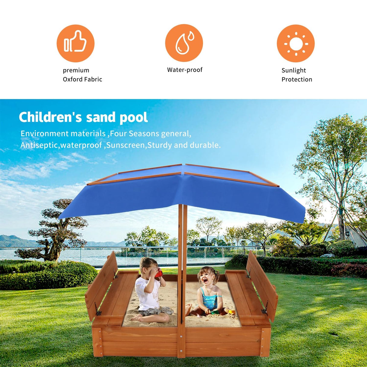 Wooden Cedar Sand Box, Large Kids Sand Boxes with Adjustable Canopy, 2 Foldable Bench Seats, Sand Protection, Bottom Liner, Sand Boxes for Backyard Garden, Sand Pit for Beach Patio Outdoor (47 Inch) AMZOSS