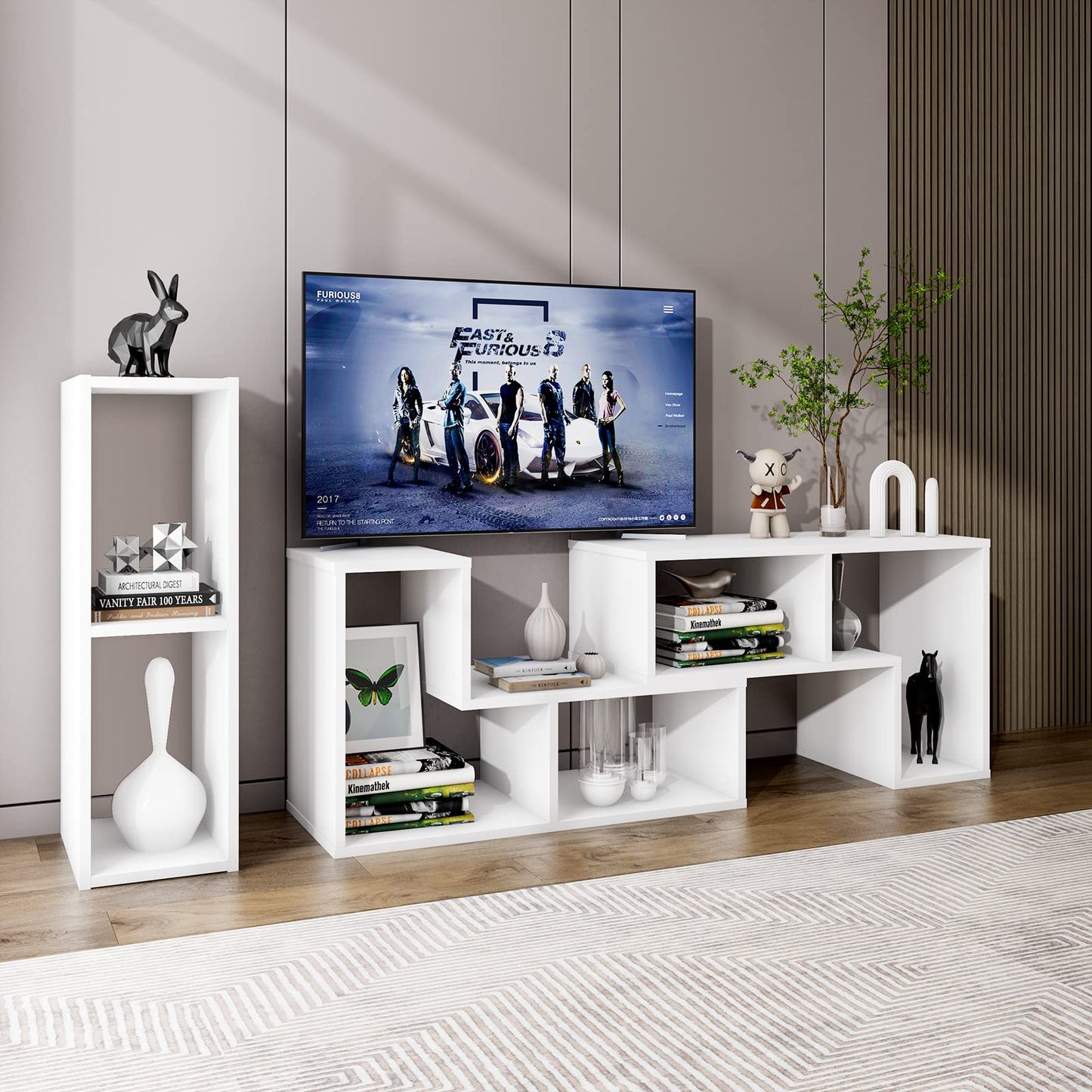 Tangkula 3 Pieces Console TV Stand, Free-Combination Entertainment Center for 50 55 60 65 Inch TV, Minimalist Modern TV Media Stand, DIY Open Storage Bookcase Shelf for Living Room (White)