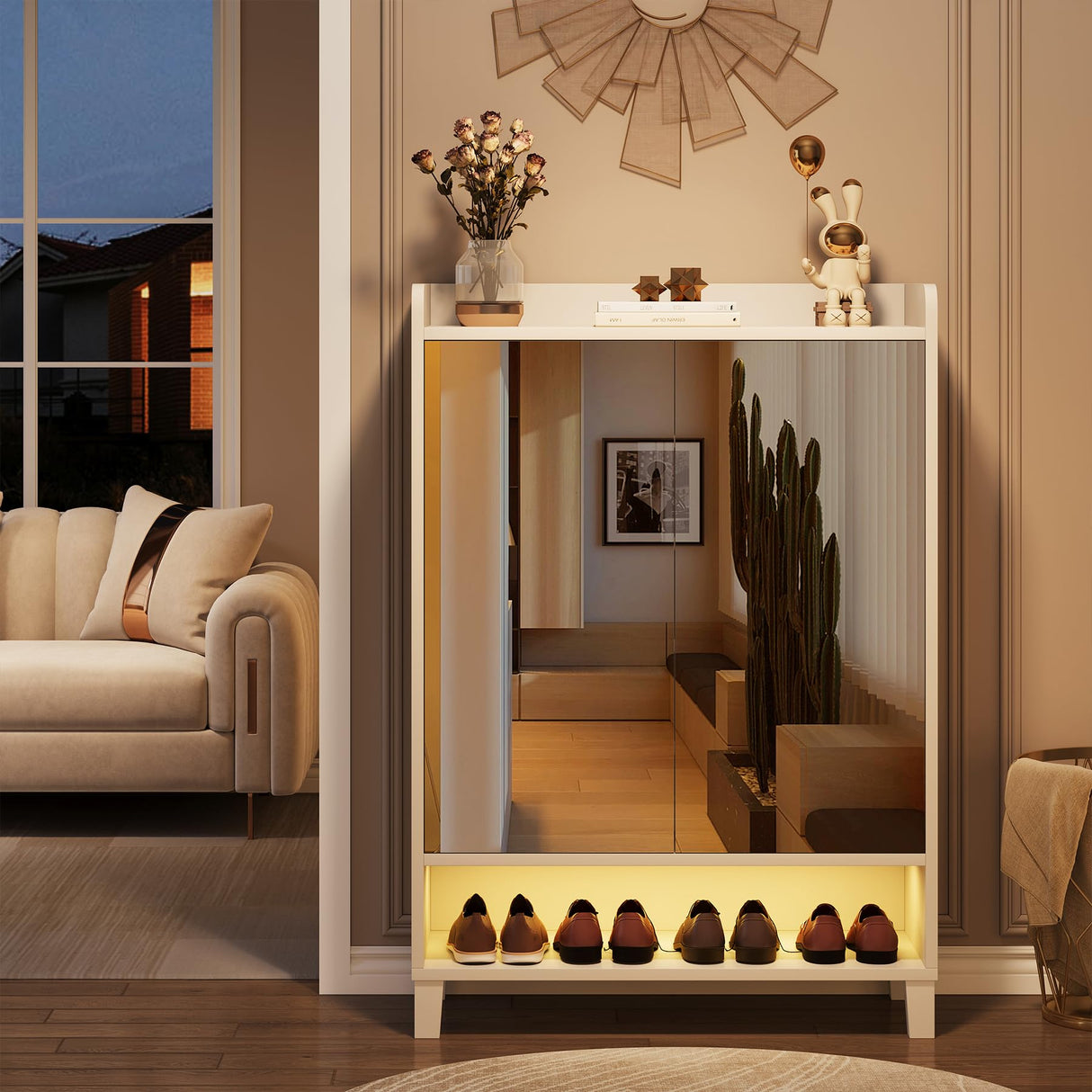 Condemo Shoe Cabinet with Doors, 7-Tier Freestanding Shoe Organizer with Mirror & LED Light, Adjustable Shoe Storage for Entryway, Hallway, Closet, Modern Shoe Rack, White Condemo