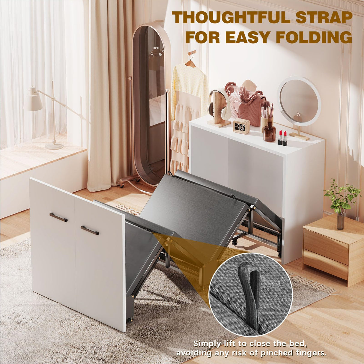 Meulbaty 2 in 1 Murphy Bed Cabinet with Mattress, Hide a Bed Cabinet, Folding Beds into Cabinets, Space-Saving Pull Out Murphy Beds Chest for Small Place Office Nap Narrow Twin Size Meulbaty