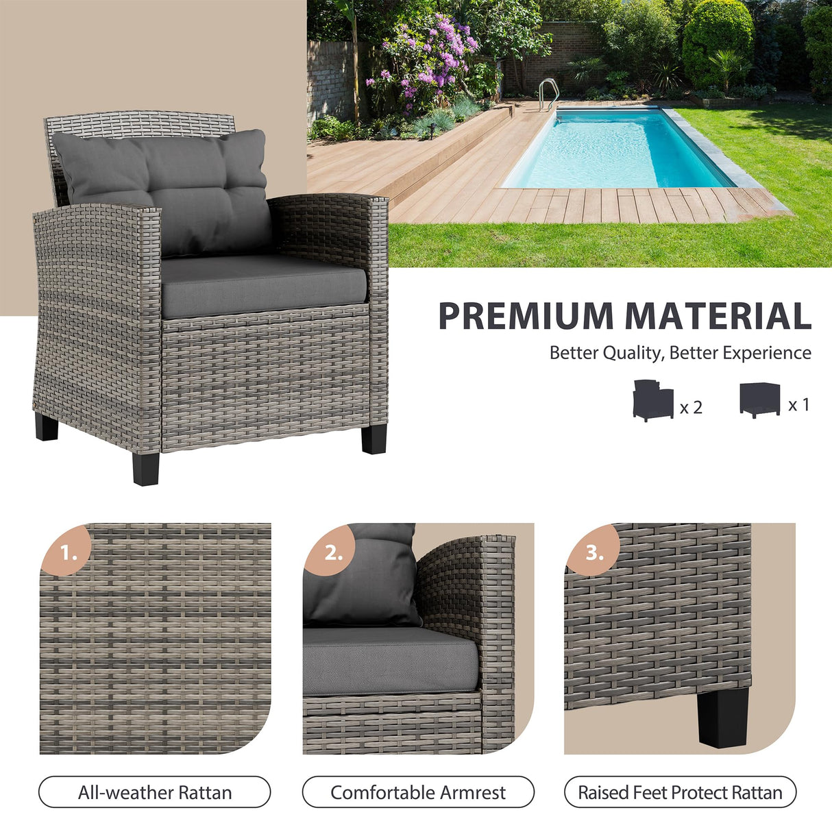 Vongrasig 3 Piece Patio Furniture Set Small Outdoor Wicker Rattan Front Porch Bistro Set Cushioned Patio Chairs Conversation Set with Glass Table for Lawn, Garden, Backyard, Balcony, Poolside (Grey) Vongrasig