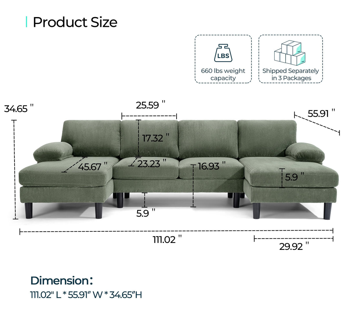 LINSY HOME U Sectional Couch, 111'' W Corduroy Sofa with Sleepable Armrests, 4 Seat Couch with Double Chaises, Deep Sofa for Living Room, Army Green LINSY HOME