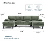 LINSY HOME U Sectional Couch, 111'' W Corduroy Sofa with Sleepable Armrests, 4 Seat Couch with Double Chaises, Deep Sofa for Living Room, Army Green LINSY HOME