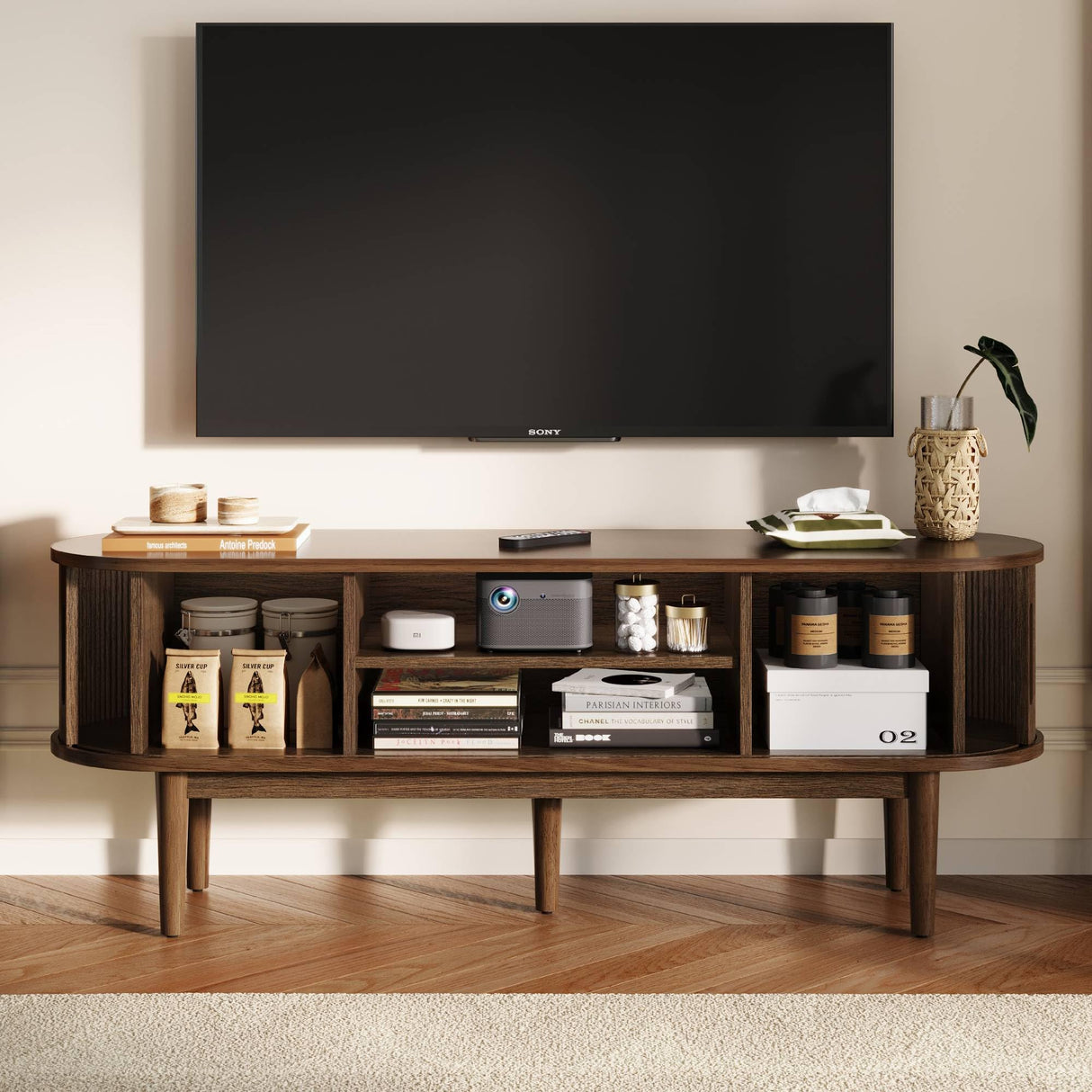 LINSY HOME TV Stand for 65" TV, Mid-Century Modern 58" Entertainment Center with Sliding Tambour Door and Storage Cabinet, Cruved TV Media Console Table for Living Room, Bedroom, Walnut LINSY HOME
