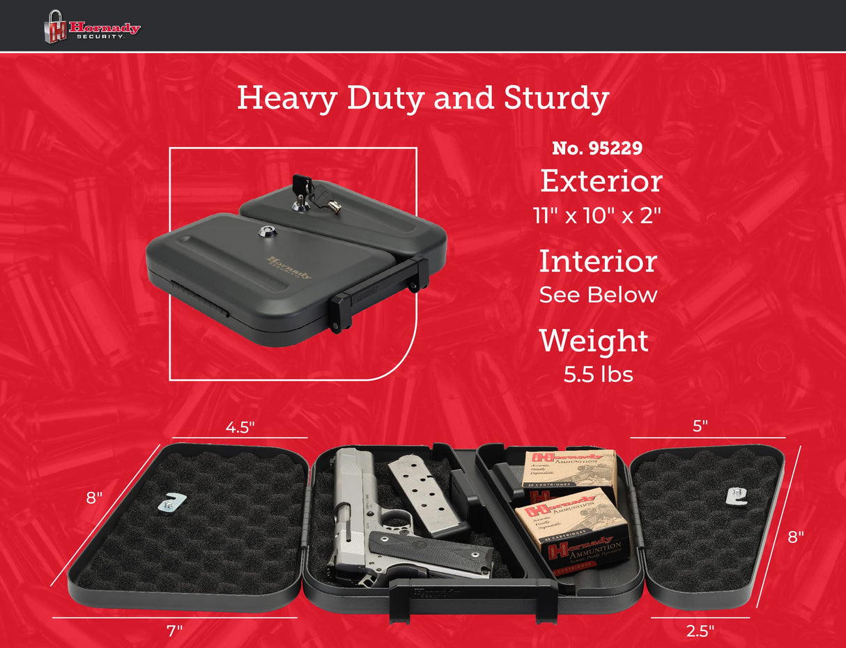 Hornady Dual-Lid Gun Lock Box - Two Compartment Portable Lock Box with Separate Lid and Lock - This Small Gun Safe Stores Handguns and Ammo Separately - Measures 11 x 10 x 2 Inches - Item 95229 Hornady