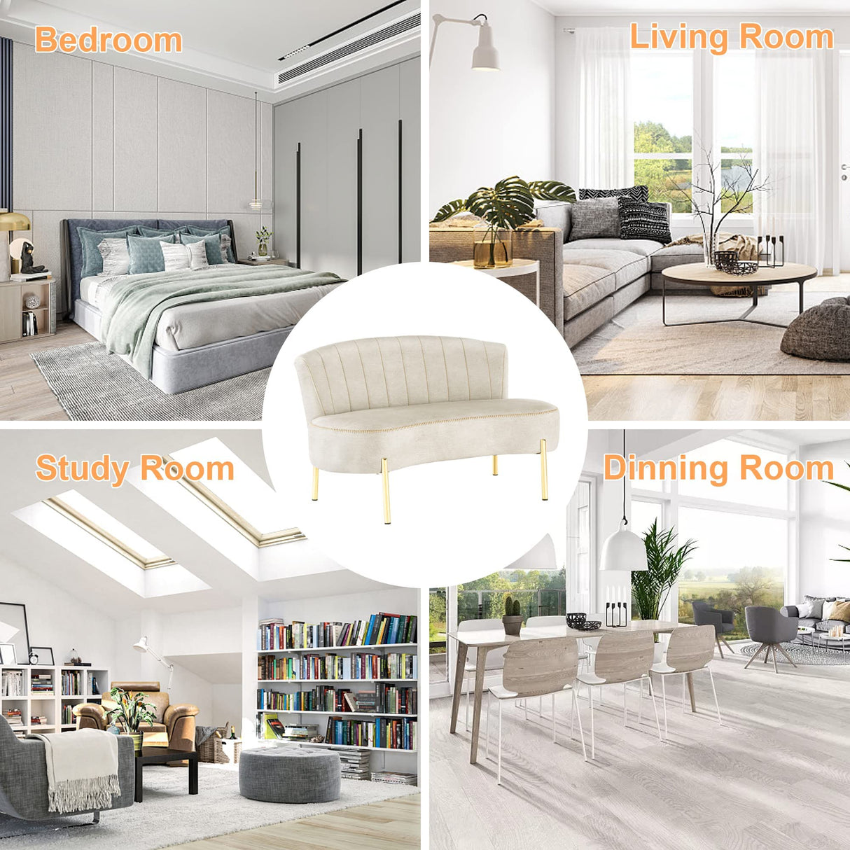 annjoe Loveseat Settee Upholstered Sofa Couch Banquette Bench Ottoman with Backrest and Golden Metal Legs for Dining Room Living Room Bedroom Funiture annjoe