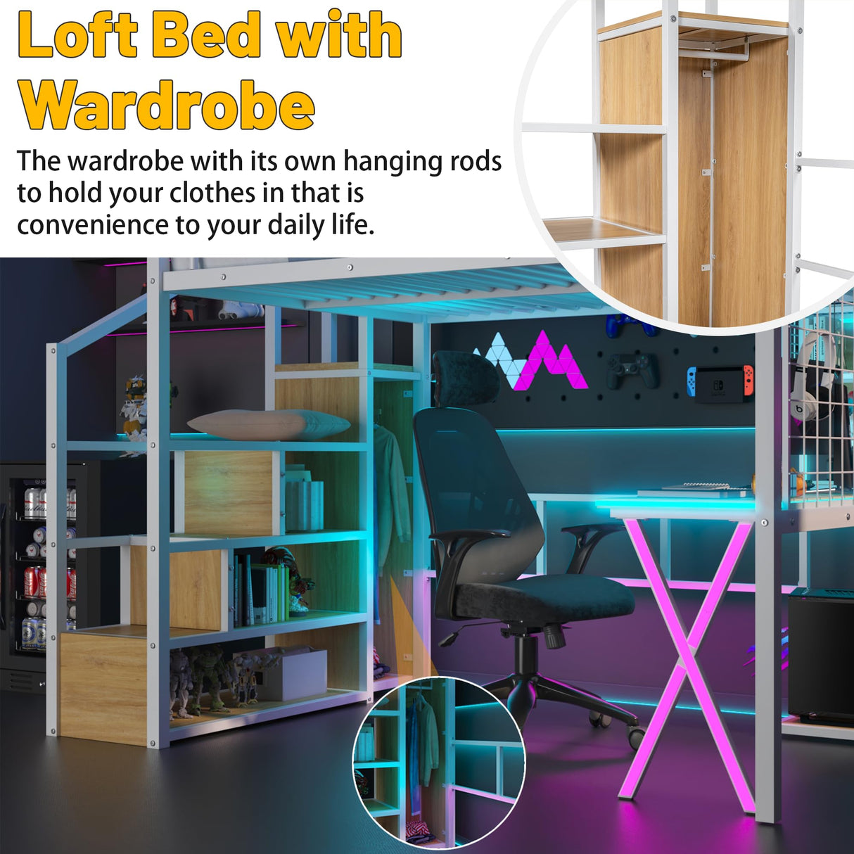 MoproBeti Full Size Loft Bed with Desk and Storage Stairs,Metal Gaming Loft Bed Full with LED Lighting, High Loft Bed with Wardrobe and Shelves for Boys,Girls,Teens, Adults,White MoproBeti