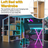 MoproBeti Full Size Loft Bed with Desk and Storage Stairs,Metal Gaming Loft Bed Full with LED Lighting, High Loft Bed with Wardrobe and Shelves for Boys,Girls,Teens, Adults,White MoproBeti
