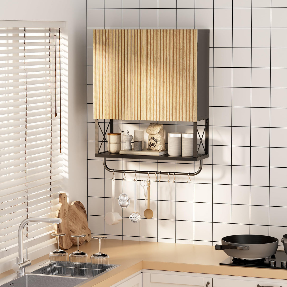 HOKYHOKY Fluted Bathroom Wall Medicine Cabinet - Hanging Bathroom Wall Mounted Cabinet with Towel Bar, Above Toilet Storage Cabinet for Bathroom Organizers and Storage, Medium Size, Black HOKYHOKY