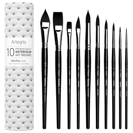 ARTEGRIA Watercolor Brush Set - 10 Professional Watercolor Paint Brushes for Artists - Soft Synthetic Squirrel Hair, Short Handles: Pointed Rounds, Flats, Dagger, Oval Wash for Water Color, Gouache ARTEGRIA