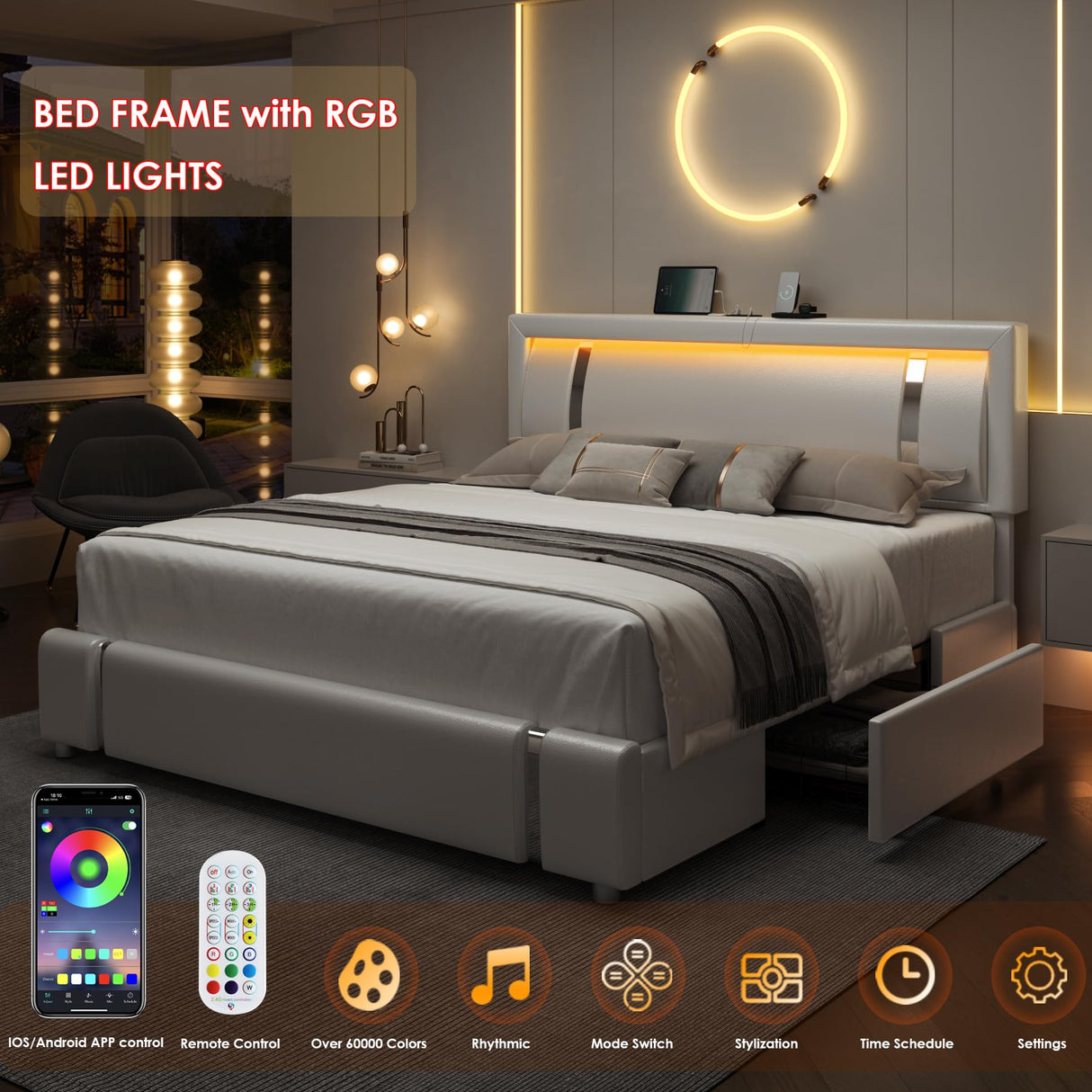 Keyluv Queen Bed Frame with RGB LED Lights Headboard & 2 Storage Drawers, Modern Upholstered Faux Leather Smart Platform Iron Metal Decor, USB USB-C Charging Ports, No Box Spring Needed, White Keyluv