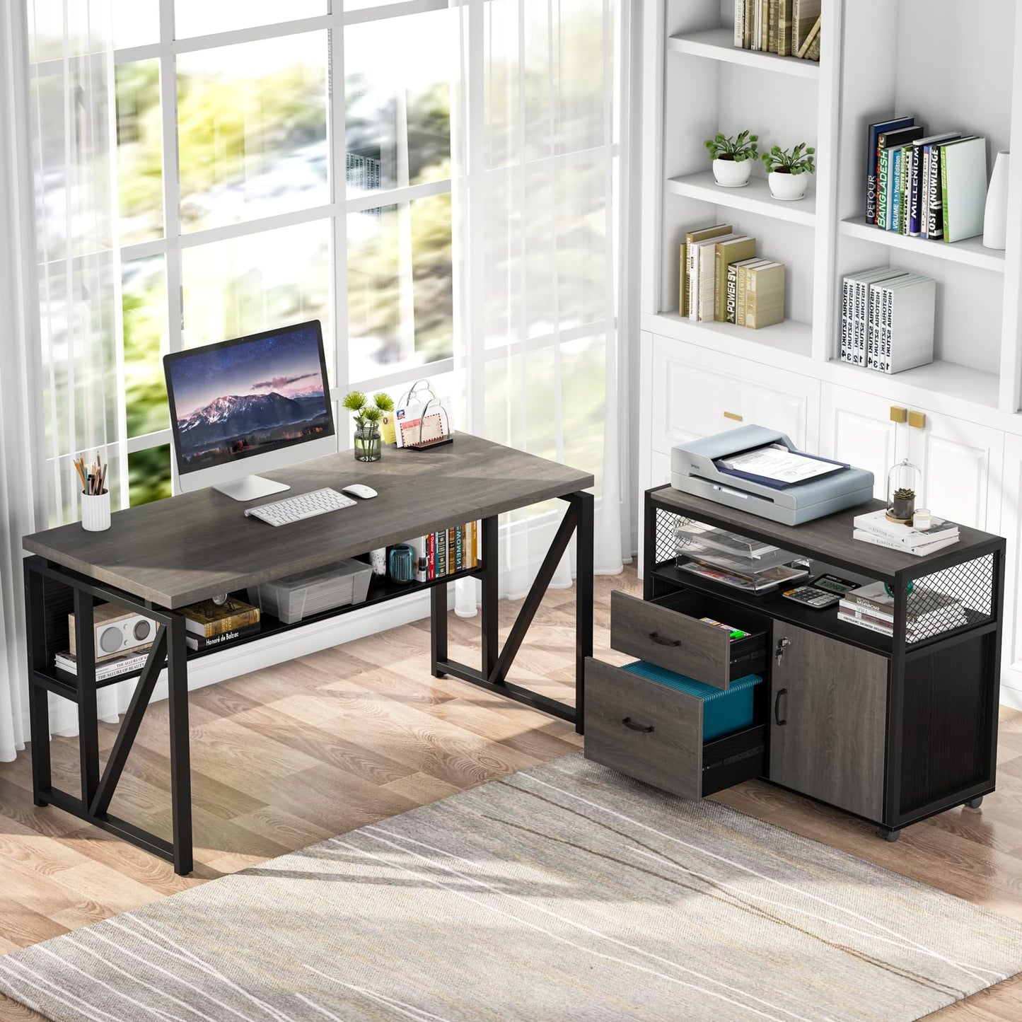 Tribesigns Office Desk with Drawers,55 inches L Shaped Computer Desk with Storage Shelves and Mobile File Cabinet, Executive Desk for Home Office Furniture Sets