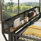 KEIKI Queen Size Metal Loft Bed Frame with Desk, Staircase, Built-in Storage Shelves and Wardrobe, Modern Loft Bed with Solid Slat, Guardrail, No Box Spring Required, Easy Assembly, for Bedroom, Black KEIKI