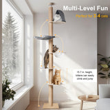 FUKUMARU Floor to Ceiling Cat Tree, 6 Level Adjustable Height (5.7-9.8 ft) Climbing Tower with Thickened Scratching Posts, Cat Activity Center with Transparent Capsule and Cozy Hammock FUKUMARU