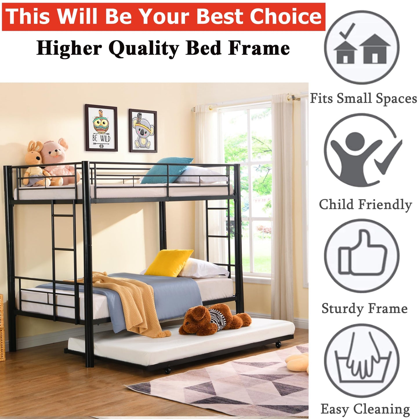 ZMIZAKOY Heavy Duty Metal Twin Over Twin Bunk Bed with Trundle & Sturdy Guard Rail & 2 Side Ladders (Black)