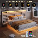 AMERLIFE Distressed White Floating Queen Bed Frame with Integrated Nightstands, LED Lights & Charging Station AMERLIFE
