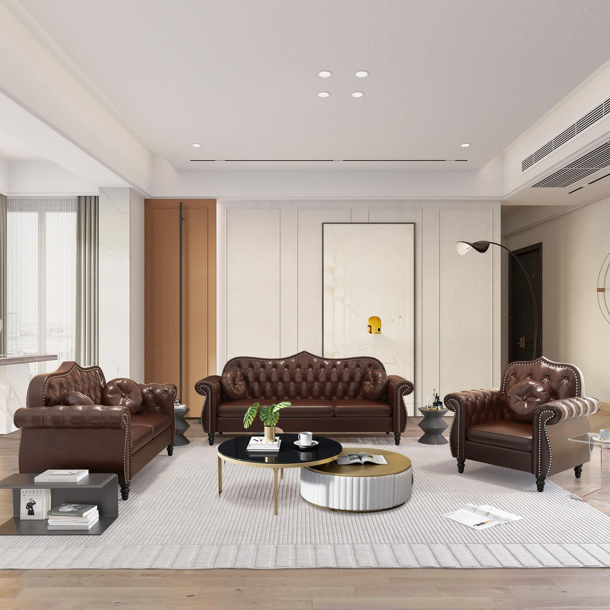 AVZEAR 60" Loveseat Sofa, Chesterfield Sofa, Mid-Century Modern PU Upholstered 2 Seater Sofa, Deep Button Tufted Living Room Sofa with Two Throw Pillows, Brown AVZEAR