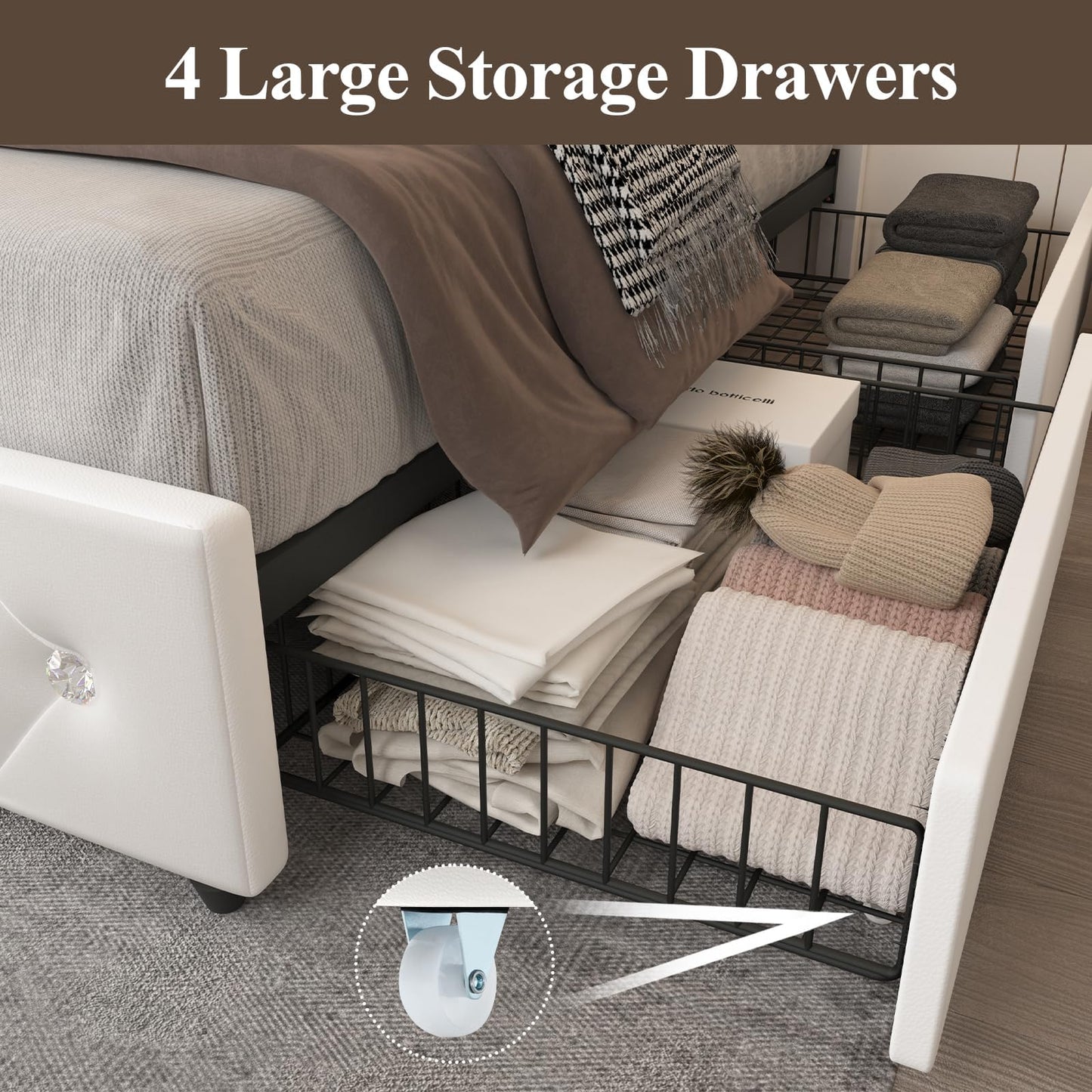 Kallabe White Queen Bed Frame with LED Headboard, 4 Storage Drawers, and USB Charging Station - WoodArtSupply