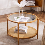 VINGLI 25.6" Rattan Coffee Table, Round Water-Wave Glass Metal Center Table, Modern Coffee Table with 2-Tier Storage, Farmhouse Circular Coffee Table for Living Room and Small Space, Natural Vibe VINGLI