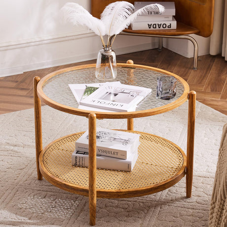 VINGLI 25.6" Rattan Coffee Table, Round Water-Wave Glass Metal Center Table, Modern Coffee Table with 2-Tier Storage, Farmhouse Circular Coffee Table for Living Room and Small Space, Natural Vibe VINGLI