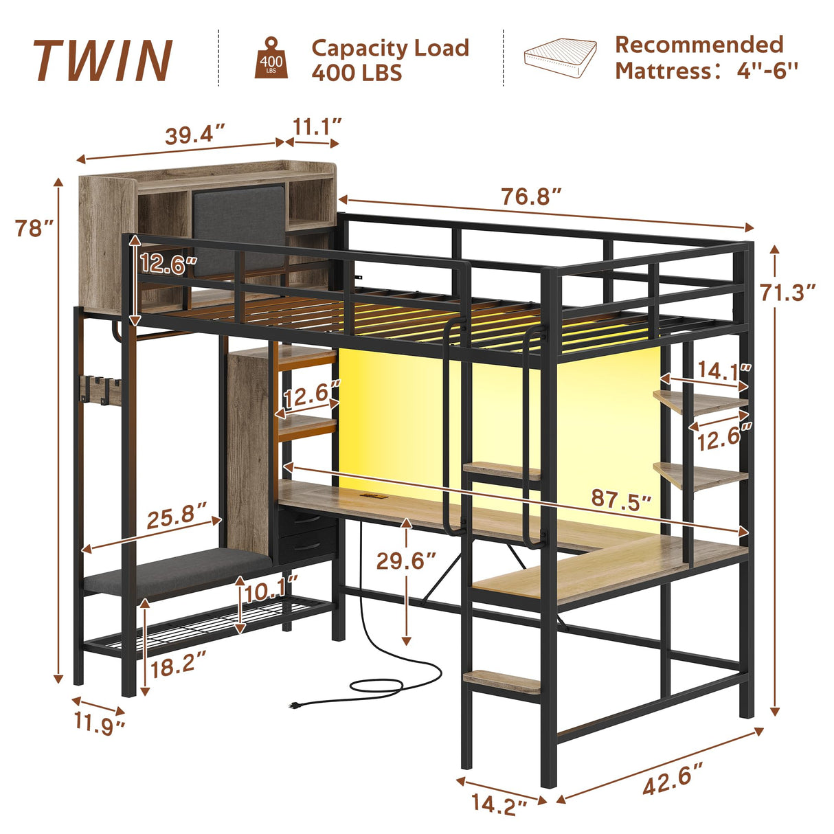 Twin Loft Bed with L-Shaped Desk, Metal Twin Size Loft Bed for Kids with Storage Headboard&Hall Tree, 2 Fabric Drawers, LED Lights&Charging Station, Safety Guard & Ladder, No Box Spring Needed (Gray) Dnxao