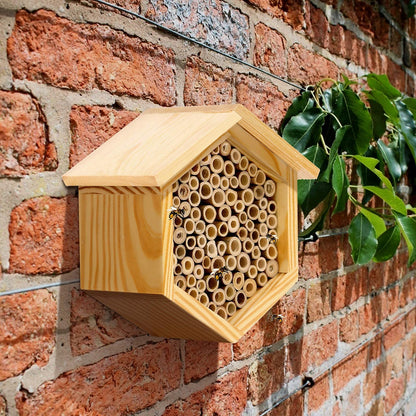 Mason Bee House Native Bee Hive Hexagon Bee House Natural Handmade Wooden Mason Bee Box Habitat Home Hotel with Bamboo Tubes -Attracts Peaceful Bee Pollinators to Enhance Your Garden's Produc - WoodArtSupply