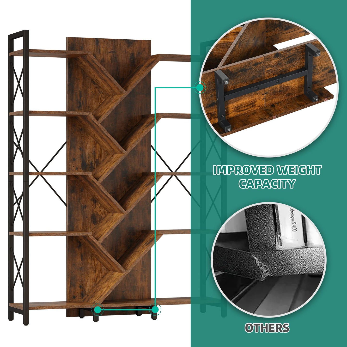 YITAHOME Industrial Tree Bookshelf, Large 5 Tier Bookcase Tall Standing Book Shelves Organizer Display Rack for Bedroom Living Room Office, Rustic Brown