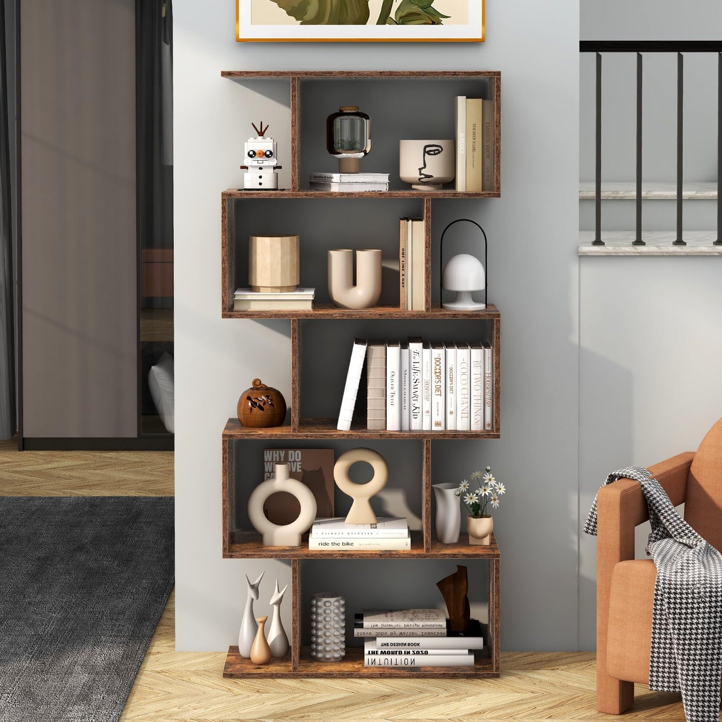 Tangkula 5-Tier S-Shaped Bookshelf - Rustic Brown Geometric Display & Room Divider - WoodArtSupply