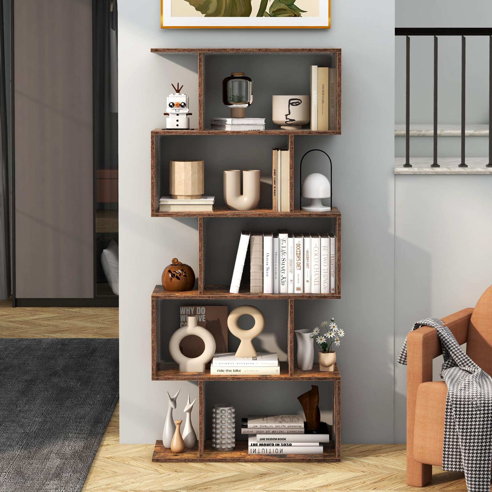 Tangkula 5-Tier S-Shaped Bookshelf - Rustic Brown Geometric Display & Room Divider - WoodArtSupply