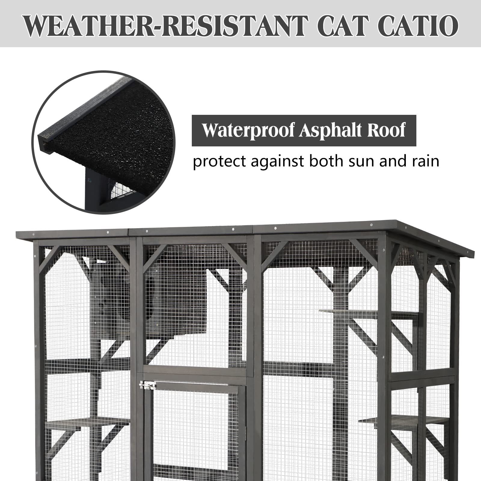 JOVNO Large Outdoor Cat House Catio Kitty Enclosure with Large Enter Door, Wooden Cat Cage Condo Indoor Playpen with 6 Platforms & Small House (Grey) - WoodArtSupply