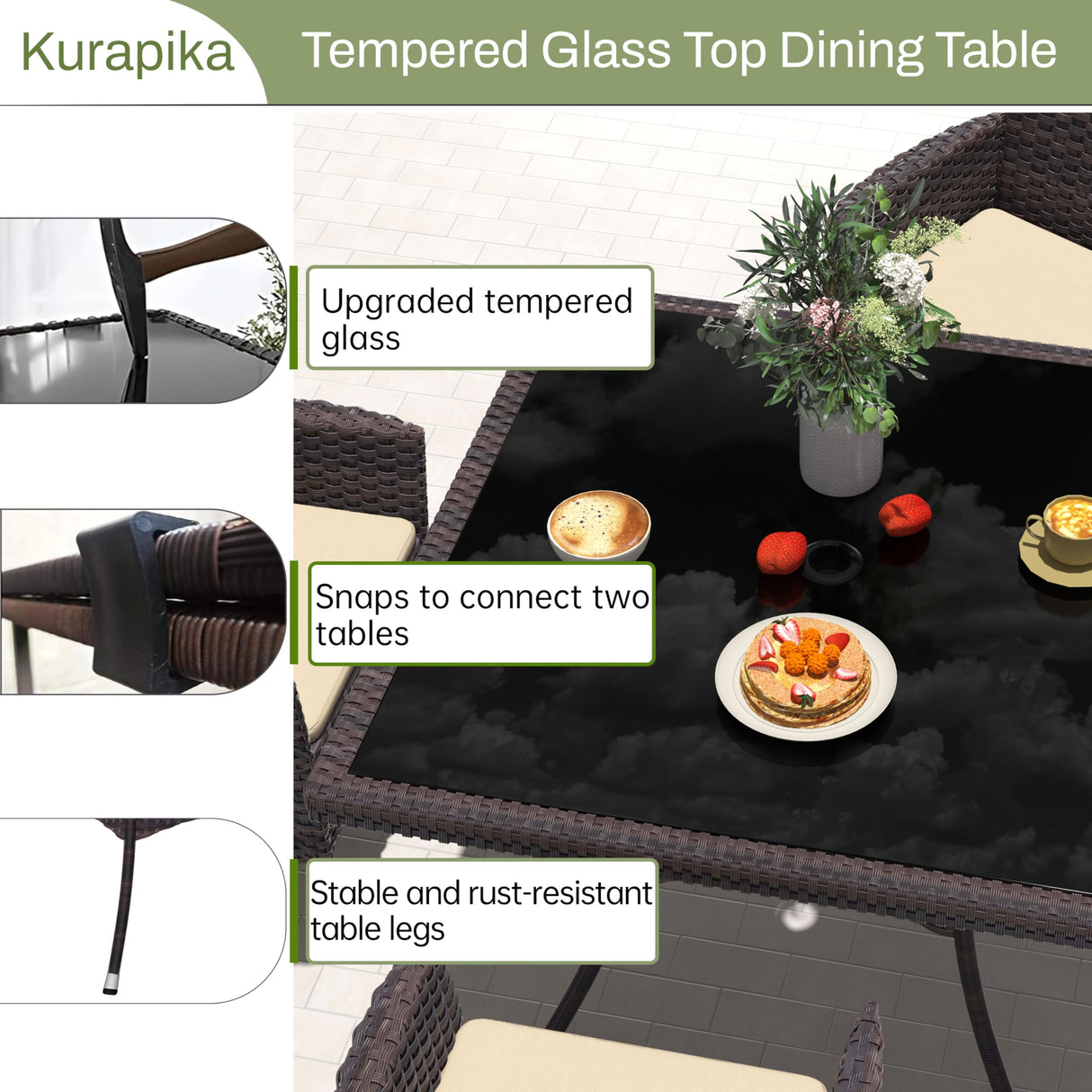 Kurapika 10-Piece Patio Furniture Outdoor Dining Set, Wicker Rattan Patio Dining Table and Chairs Set, Square Tempered Glass Tabletop with Umbrella Hole and 8 Chair Set, Sand Kurapika