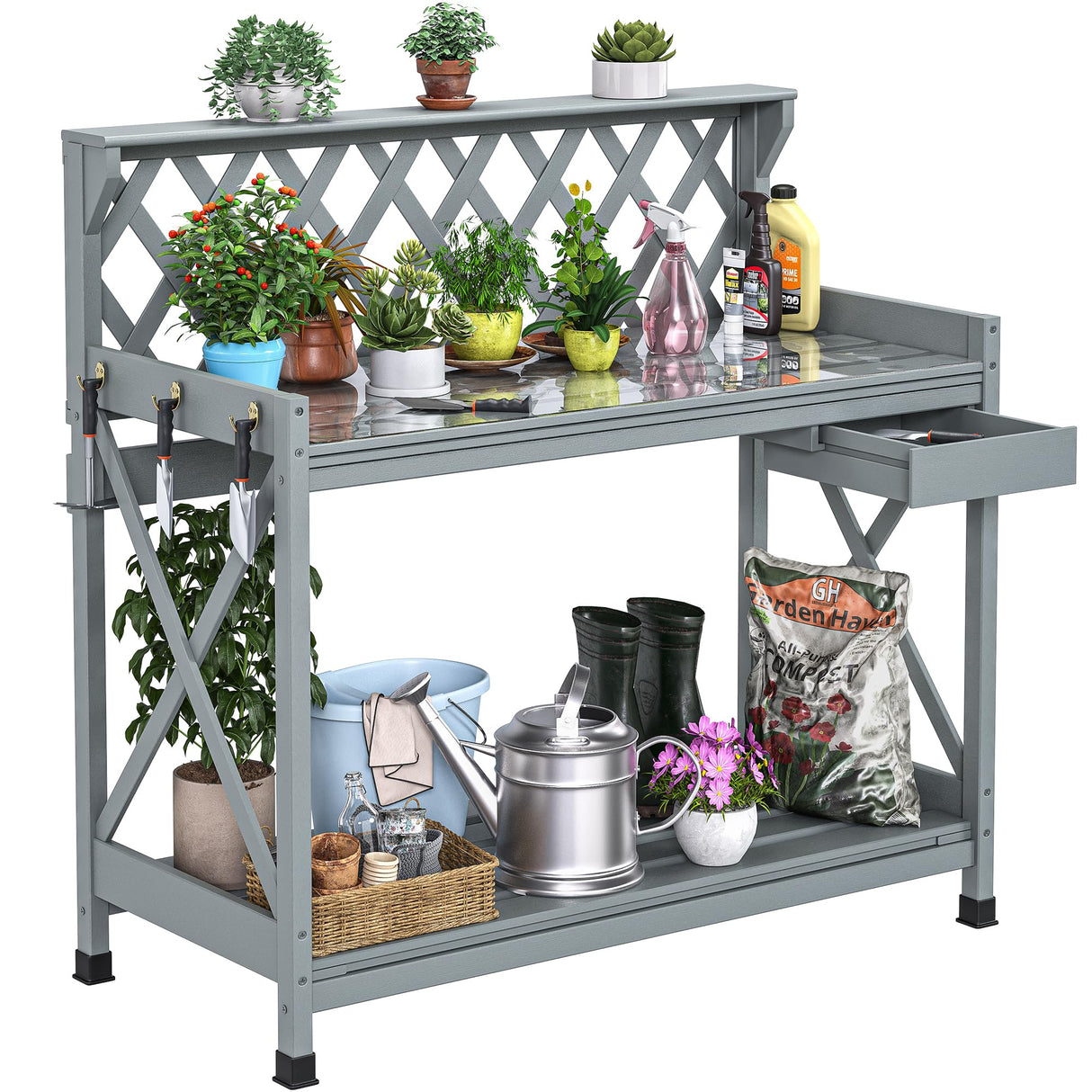 YITAHOME Potting Bench Table, Outdoor Garden Work Bench Station Table w/Drawer, Open Shelf, Hook, PVC Waterproof Mat (Grey) YITAHOME