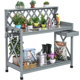YITAHOME Potting Bench Table, Outdoor Garden Work Bench Station Table w/Drawer, Open Shelf, Hook, PVC Waterproof Mat (Grey) YITAHOME