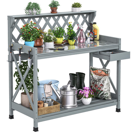 YITAHOME Potting Bench Table, Outdoor Garden Work Bench Station Table w/Drawer, Open Shelf, Hook, PVC Waterproof Mat (Grey) YITAHOME