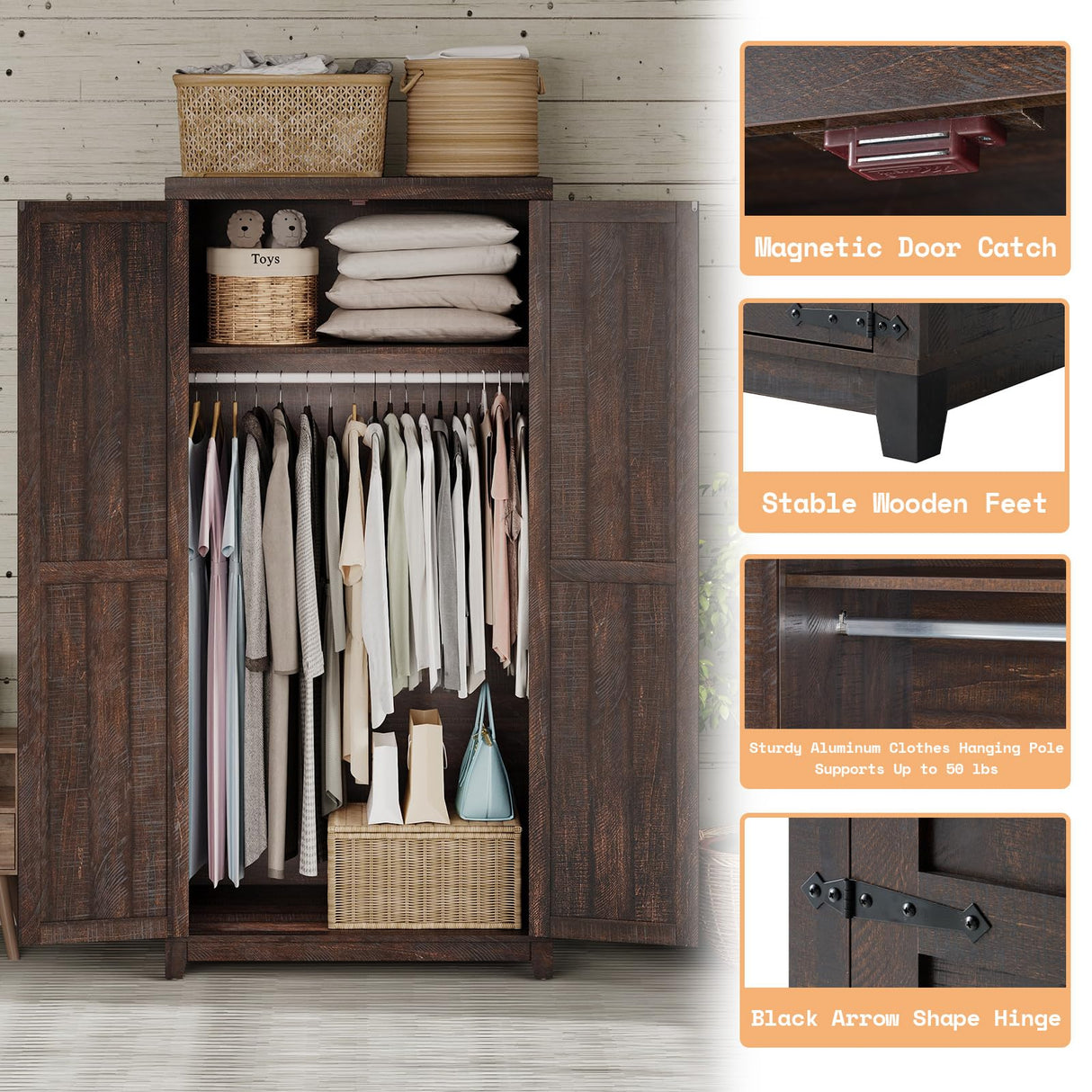 AMERLIFE Farmhouse Armoire Wardrobe Closet with 2 Barn Doors, 71'' Storage Cabinet with Hanging Rod & Shelf, Versatile Clothing Storage for Bedroom, Espresso AMERLIFE