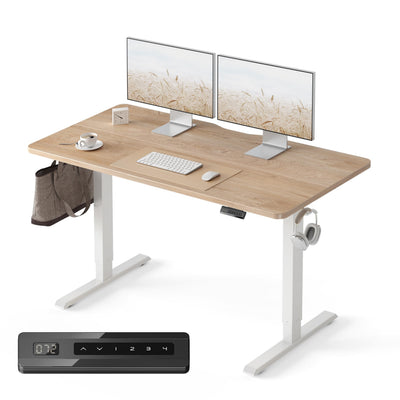 FEZIBO 55 x 24 Inchs Electric Standing Desk, Height Adjustable, Sit Stand Up, Computer Office Desk with Splice Board, White Frame/Maple Top