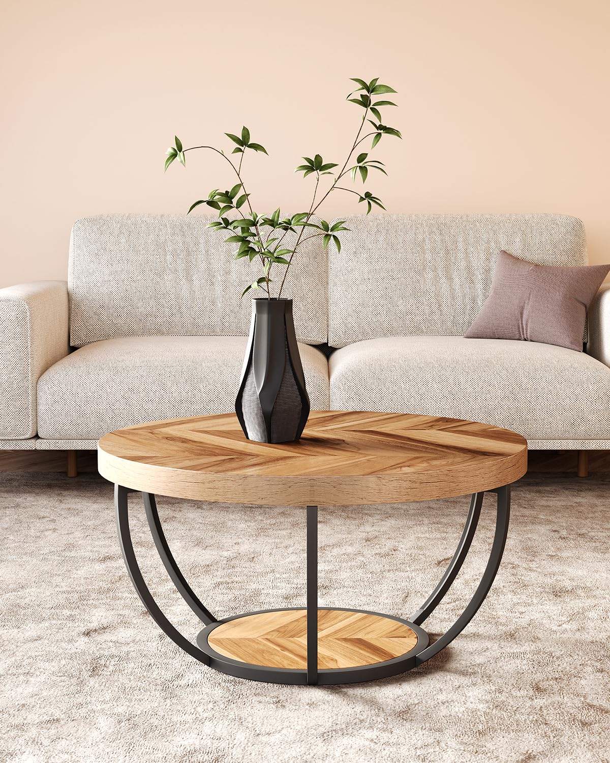 LITTLE TREE Round Coffee Table, 32" Circle Coffee Table for Living Room, 2-Tier Wood Accent Center Table with Open Storage Industrial Design Home Furniture (Wood Grain and Black) - WoodArtSupply