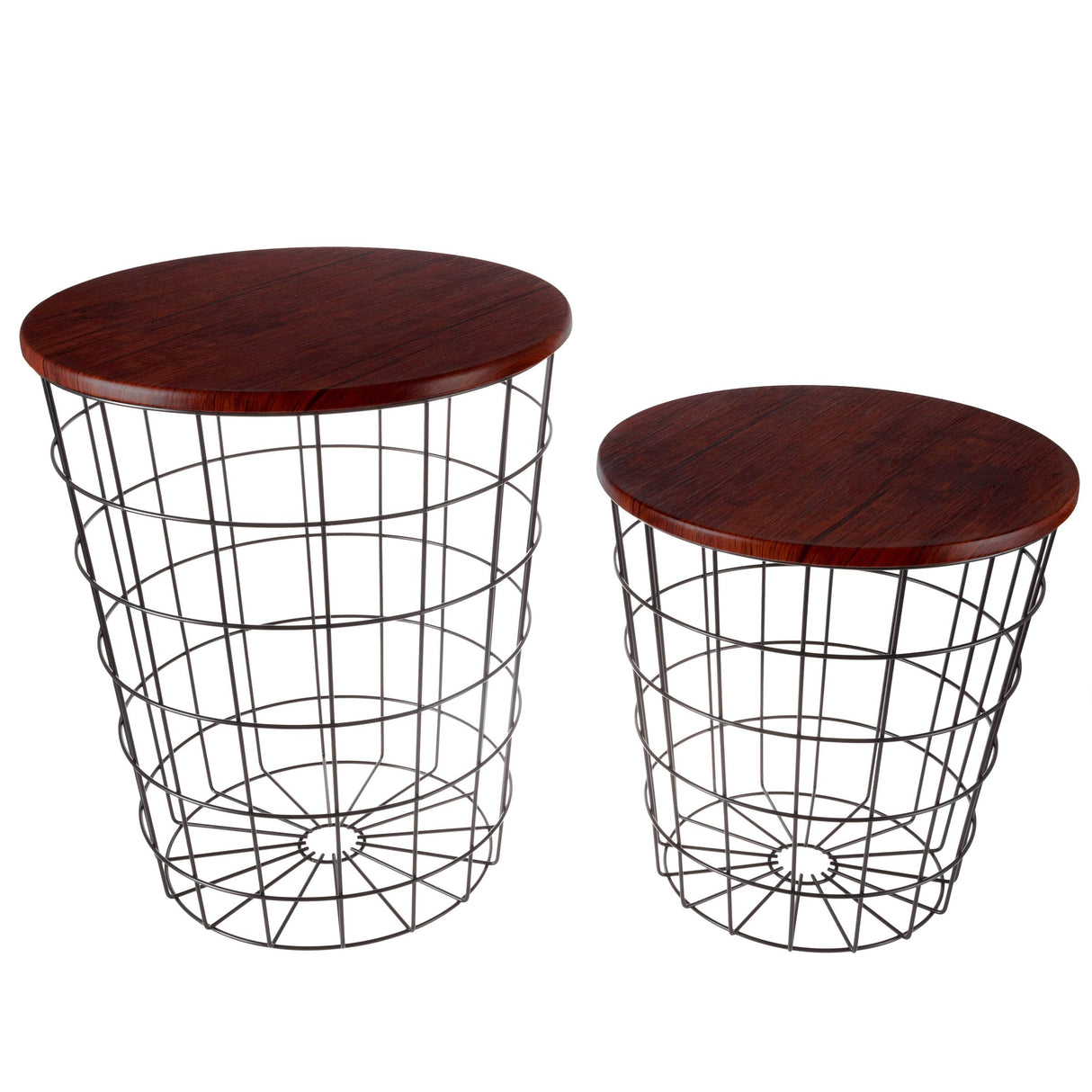 Lavish Home End Tables Set of 2 - Nesting Tables with Removable Wood Tops and Metal Basket Bases for Blanket Storage - Round Side Furniture for Living Room, Bedroom, or Home Office (Cherry/Black) Lavish Home