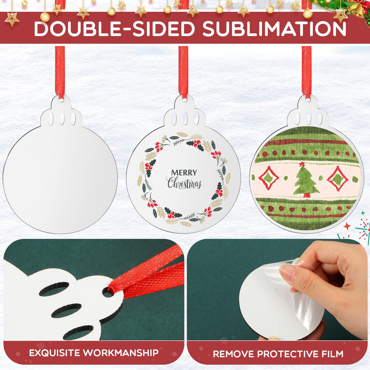 Jetec Christmas Sublimation Blank Pendants Double Side MDF Personalized Blank Bulk Heat Transfer Blank Hanging Pendant White Sublimation Ornament with Red Ribbon for DIY (72 Pcs,3.5 x 2.9 x 0.1 Inch) Jetec
