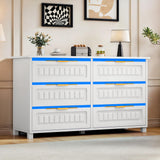 DWVO 6-Drawer Dresser, White Wood Dresser with Charging Station and LED RGB Light, Chest of Drawers Storage Organizer TV Stand for 60'' TV, Living Room, Closet, Entryway DWVO